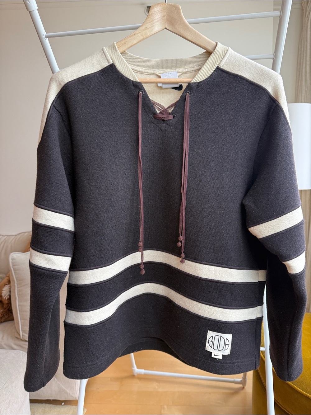 Bode x Nike Striped Lace-Up Pullover Sweatshirt in Black & Cream